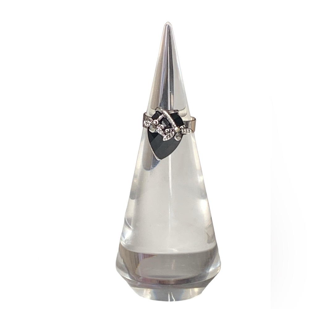 Dragonflies on Facetted Black Glass Rhinestone Silver Tone Adjustable Ring